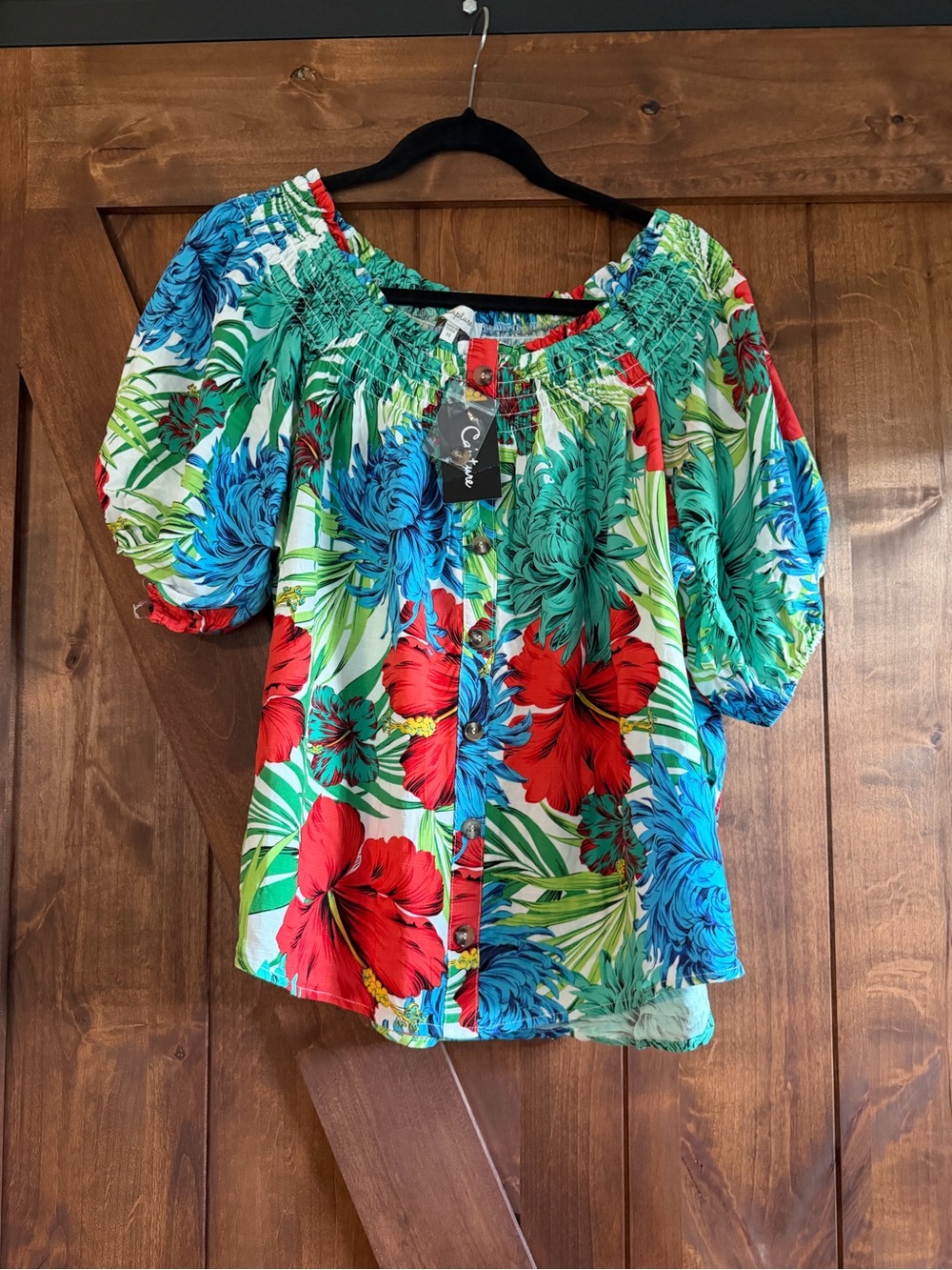 Tropical Floral Smocked Blouse / Off-the-Shoulder Top. NWT SIZE L.